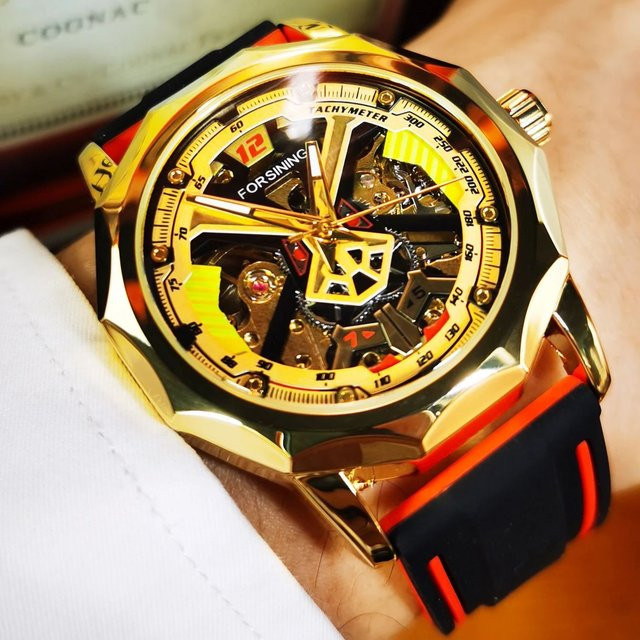 Forsining Armbanduhr, Skelett, Mechanisch, Gold, Messing, Kautschuk, Herren - Bild 1