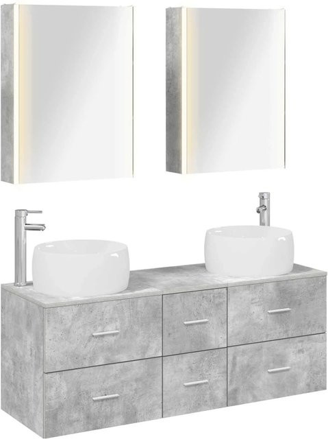 vidaXL Badezimmermöbel-Set in Grau mit Waschtischunterschrank und Spiegelschrank aus Holz und Glas mit LED-Beleuchtung - Bild 1