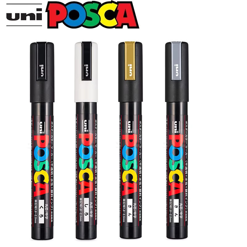 Uni POSCA Acrylmarker Set mit Bullet-Spitze, wasserfeste wasserbasierte Stifte in Weiß, Schwarz, Gold, Silber und Multicolour - Bild 1