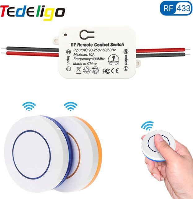 Tedeligo Kabelloser Mini Runder Wand-Lichtschalter mit RF 433MHz Fernbedienung für LED-Heimbeleuchtung, Weiß oder Blau - Bild 1