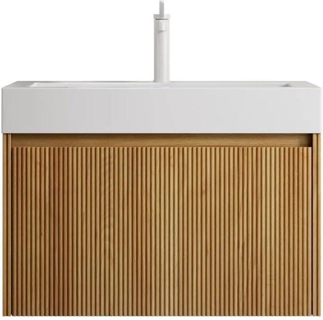 PXloue Wandhängender Badmöbel Waschtisch mit Waschbecken in Eiche Optik und Schublade mit Soft-Close-Funktion, Farbe: Braun, Breite: 70 cm - Bild 1