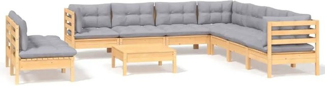 vidaXL 10-teiliges Garten-Lounge-Set aus massivem Kiefernholz in Braun-Grau mit grauen Polstern und Kissen in L-Form - Bild 1