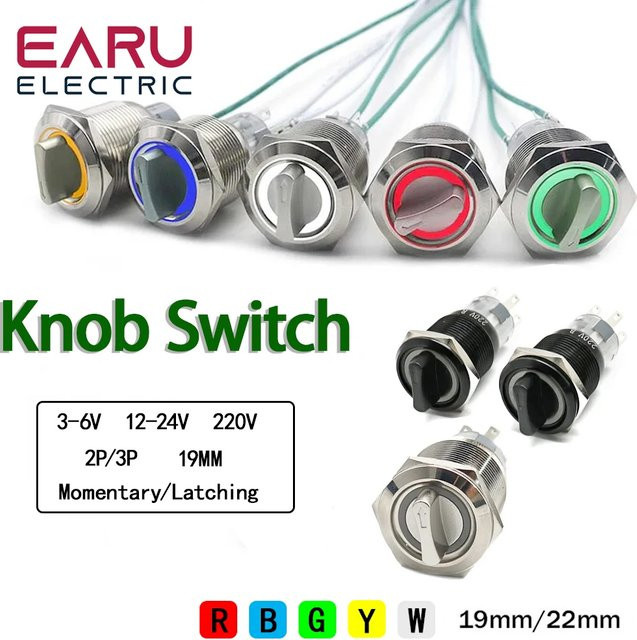 EARU Metall-Drehschalter mit LED-Lampe, DPDT, 2 oder 3 Positionen, wasserdicht, Weiß, 19/22 mm - Bild 1