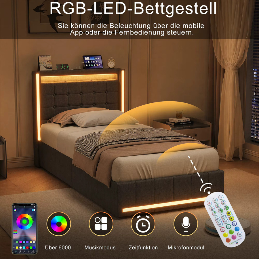 Modernes Polsterbett mit Bettkasten und 2 Schubladen in Beige/Grau, B/T/H: 90 x 200 cm, mit LED-Beleuchtung, USB-Anschluss und Holzlattenrost - Bild 3