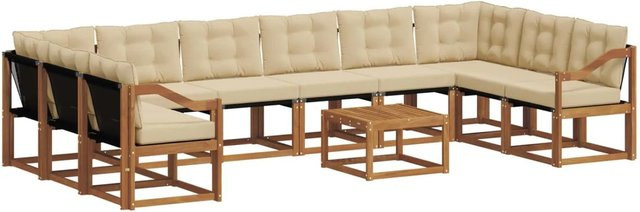 vidaXL Outdoor-Sofagarnitur aus massivem Akazienholz in L-Form, 11-teiliges Set mit Textilene und wetterfesten Kissen, Natur und Beige - Bild 1