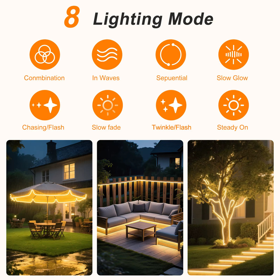 KISUFU Solar LED Neon-Lichtstreifen RGB Multicolour mit 8 Modi, 24V, 120 LEDs/m, für Innen- und Außenbeleuchtung - Bild 2