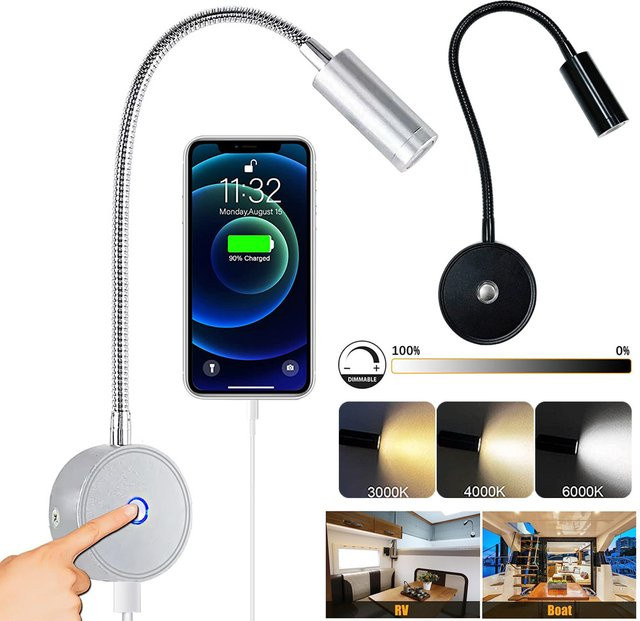 XunShiNi LED-Wandleuchte in Silber, dimmbare Leselampe mit flexiblem Schwanenhals für Wohnmobil, Boot und Van, 12-24V - Bild 1