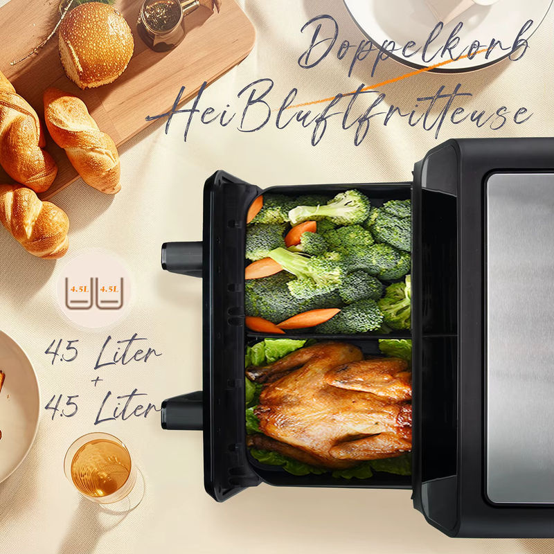 Sinaopus Heißluftfritteuse 2200W mit 9L Doppelkorb, Ölfreier Kocher in Schwarz mit LED-Touch-Steuerung und Sichtfenster, 10-in-1 Multifunktion - Bild 2