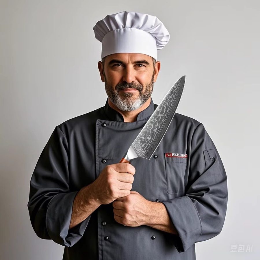 Baovim Santoku-Kochmesser aus geschmiedetem Damaststahl und Edelstahl mit Palisandergriff in Silber und Braun - Bild 3