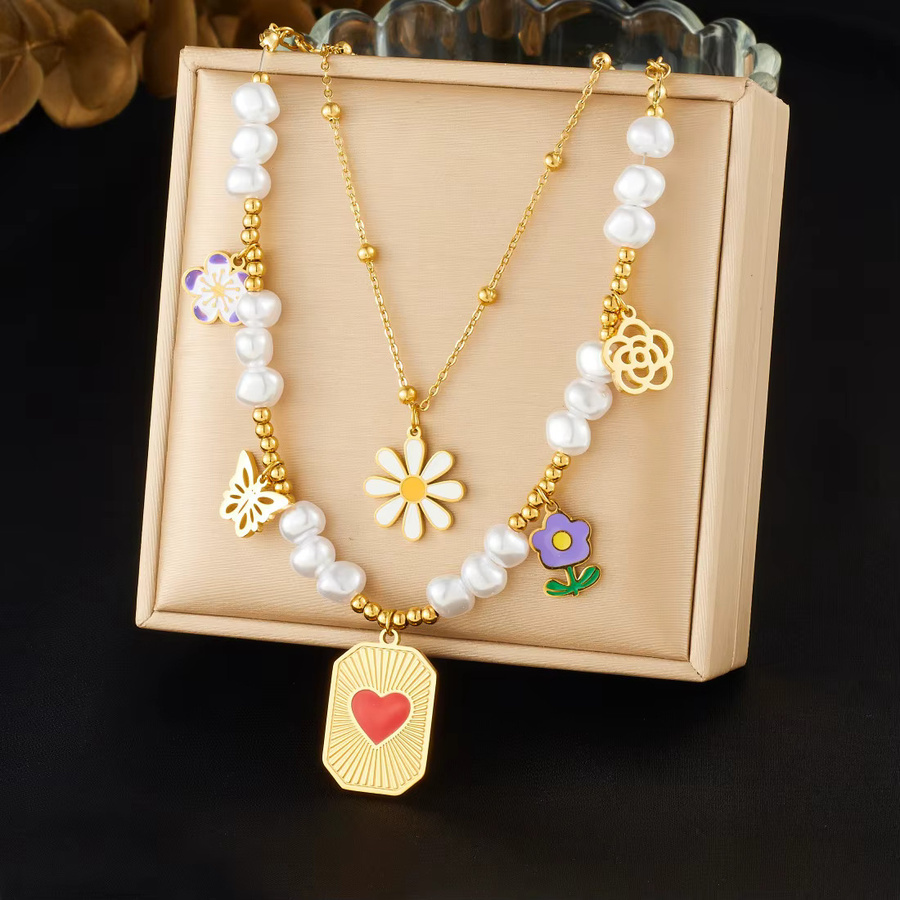 xiyanike Halskette 2-Schicht, Edelstahl, Perle, Gold, Damen - Bild 4