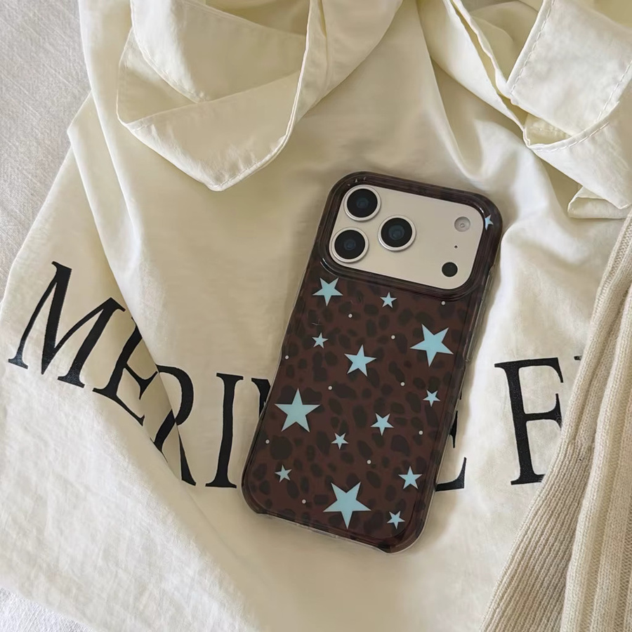Stoßfeste Schutzhülle für iPhone 17, 16, 15 und 14 Pro Max mit Leopardenmuster in Braun und blauem Sternenmuster - Bild 3