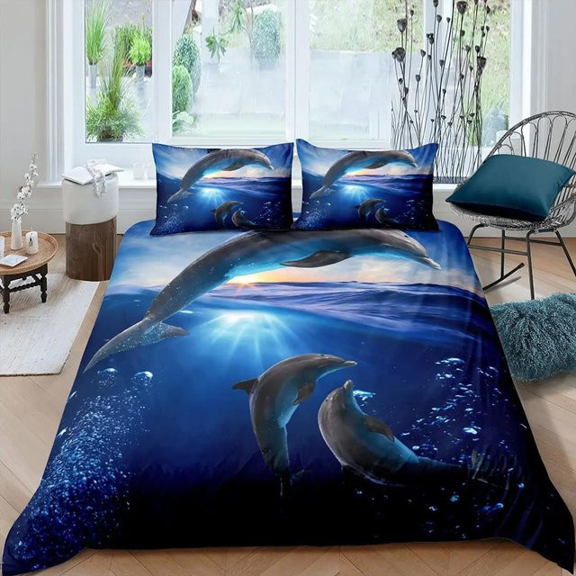 Bettwäsche-Set mit 3D-Delfin-Motiv in Blau von Your Warm Home, bestehend aus Bettbezug und Kissenbezügen aus Polyester, B/H: 135 x 200 cm, Kissenbezug: 50 x 70 cm - Bild 1