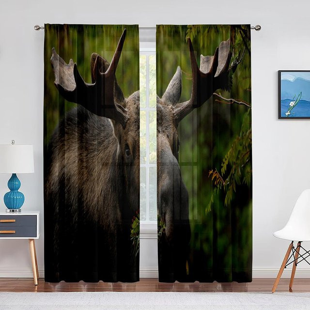 Transparenter Tüll-Vorhang Hirsch im Gebirge von Super Six, Motiv Wildtiere und Jagd, B: 100 cm, H: 250 cm - Bild 1