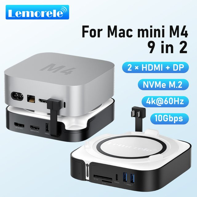 Lemorele 9-in-2 USB-Hub-Dockingstation für Mac Mini M4 mit HDMI, DisplayPort 4K 60Hz, M.2 NVMe SSD Slot, USB-A & USB-C sowie SD/TF Kartenleser - Bild 1