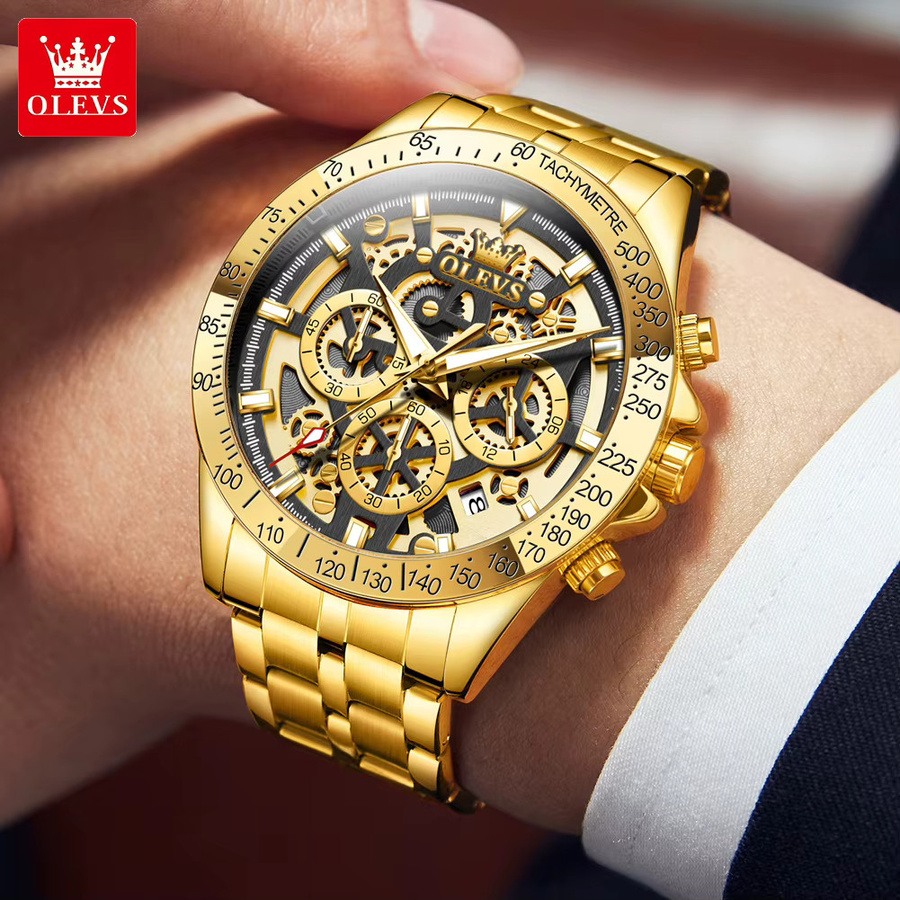OLEVS Chronograph Armbanduhr, Edelstahl, Gold, Quarz, Herren - Bild 3