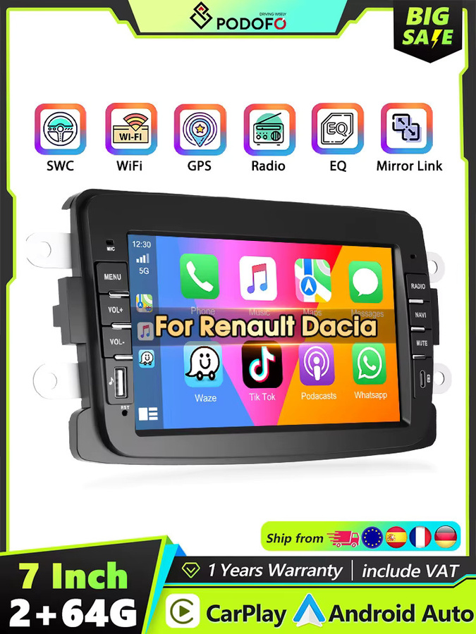 Podofo 2Din Android Autoradio mit Carplay, Android Auto, Mirror Link, GPS und WIFI in Schwarz für Renault Dacia Duster und Captur - Bild 4