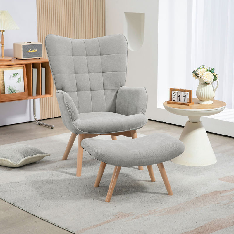 HOMCOM Ohrensessel mit Hocker in Grau, moderner Polstersessel mit Cord-Optik und Holzbeinen für Wohnzimmer und Home Office - Bild 2