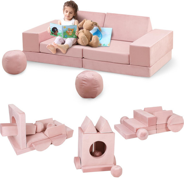 Garvee 12-teiliges modulares Kindersofa-Set aus Schaumstoff in Pink und Lila mit 2 Bällen und Tunnel, faltbare Spielcouch für das Kinderzimmer - Bild 1