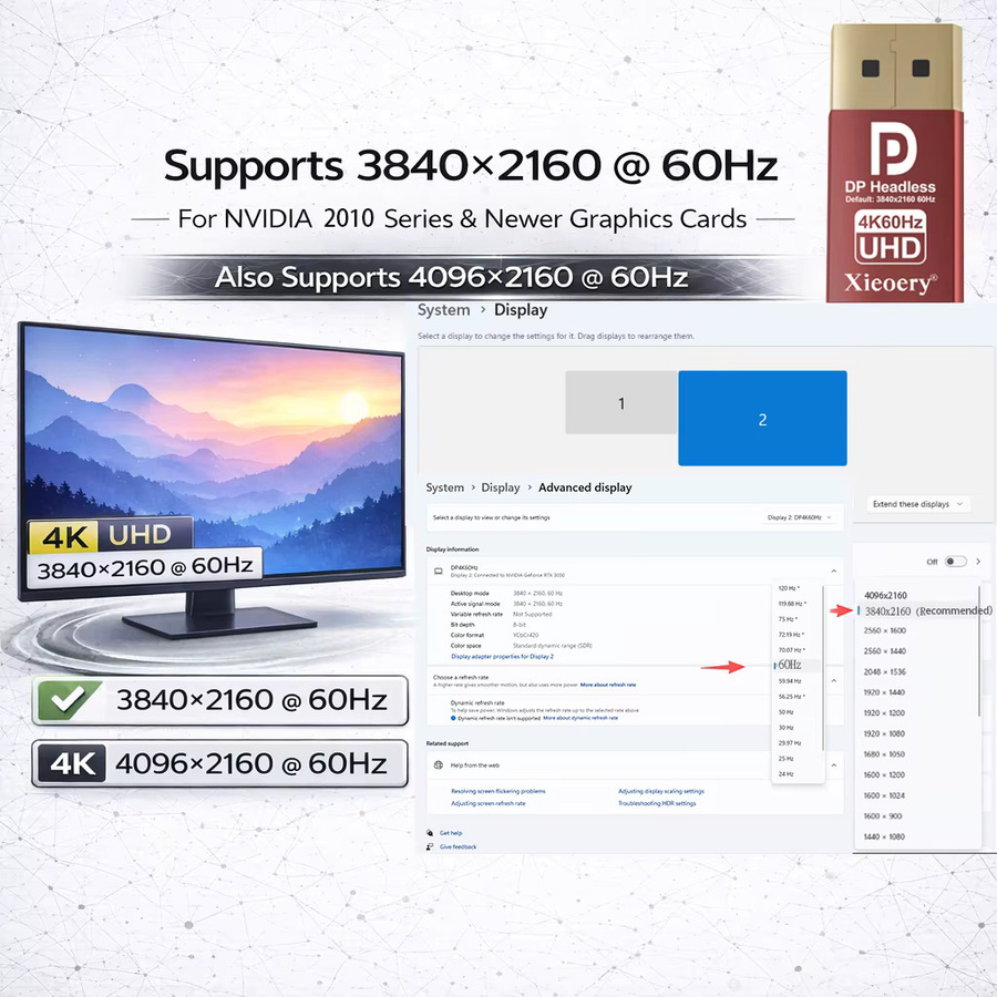Xieoery DisplayPort Dummy-Stecker 4K60Hz EDID-Emulator Headless Ghost Adapter für GPU und Server zur Nutzung von 1080P/60-120Hz und Ultrawide 3440x1440 - Bild 2