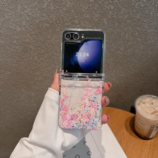 Jitschmni Schutzhülle mit Blumenmuster und Armband für Samsung Galaxy Z Flip 3 4 5 6, transparent, stoßfest mit Scharnierschutz - Bild 1