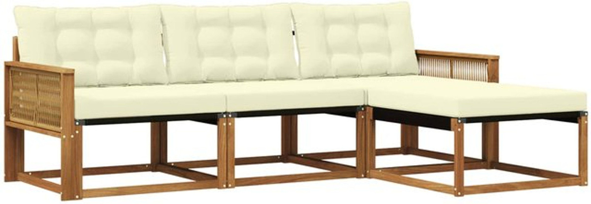 vidaXL Outdoor-Sofagarnitur aus Akazie mit Kissen in Natur und Beige, 4-teiliges Loungemöbel-Set mit Textilene-Bezug - Bild 1