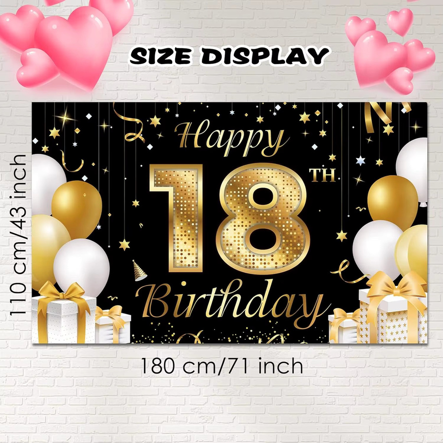 OURFETE Geburtstagsparty Banner Kulisse für den 18. Geburtstag in Schwarz-Gold mit Glitzer-Effekt und Buchstaben - Bild 6