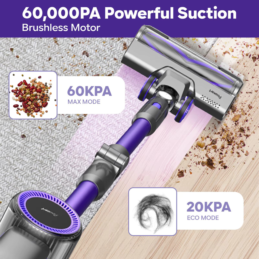 POWEART N700 Akku-Staubsauger in Blau mit 60KPa Saugkraft, 50 Minuten Laufzeit und 1 Liter Staubbehälter, inklusive 4 Saugbürstenköpfen für Hartböden, Teppiche und Autos - Bild 2