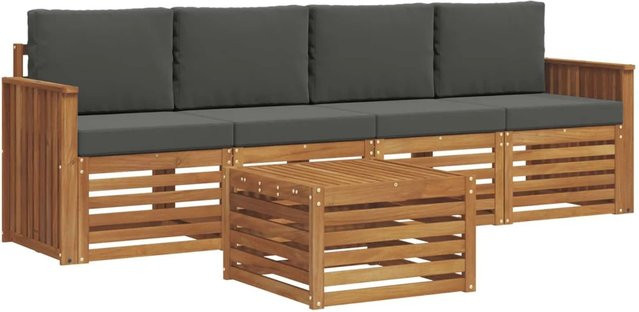 vidaXL Sofagarnitur 5-teilig aus Massivholz Akazie in Natur und Anthrazit mit Tisch und Polstern - Bild 1