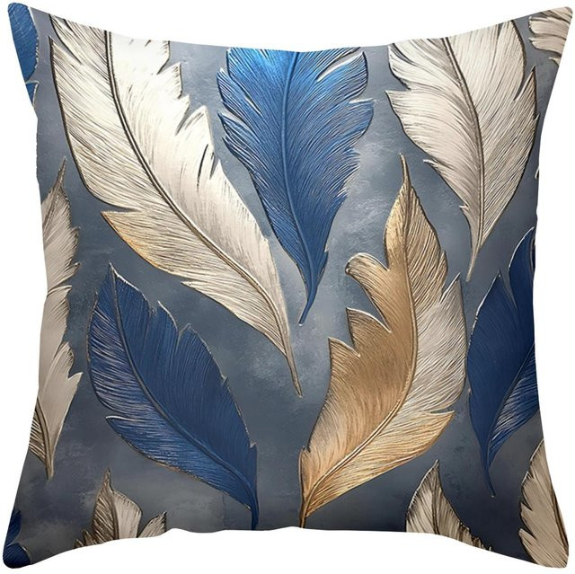 Dekorative Kissenhülle JMG Clothing aus Polyester mit blau-goldenem Federmuster, B/T/H: 45 x 45 x 0 cm - Bild 1