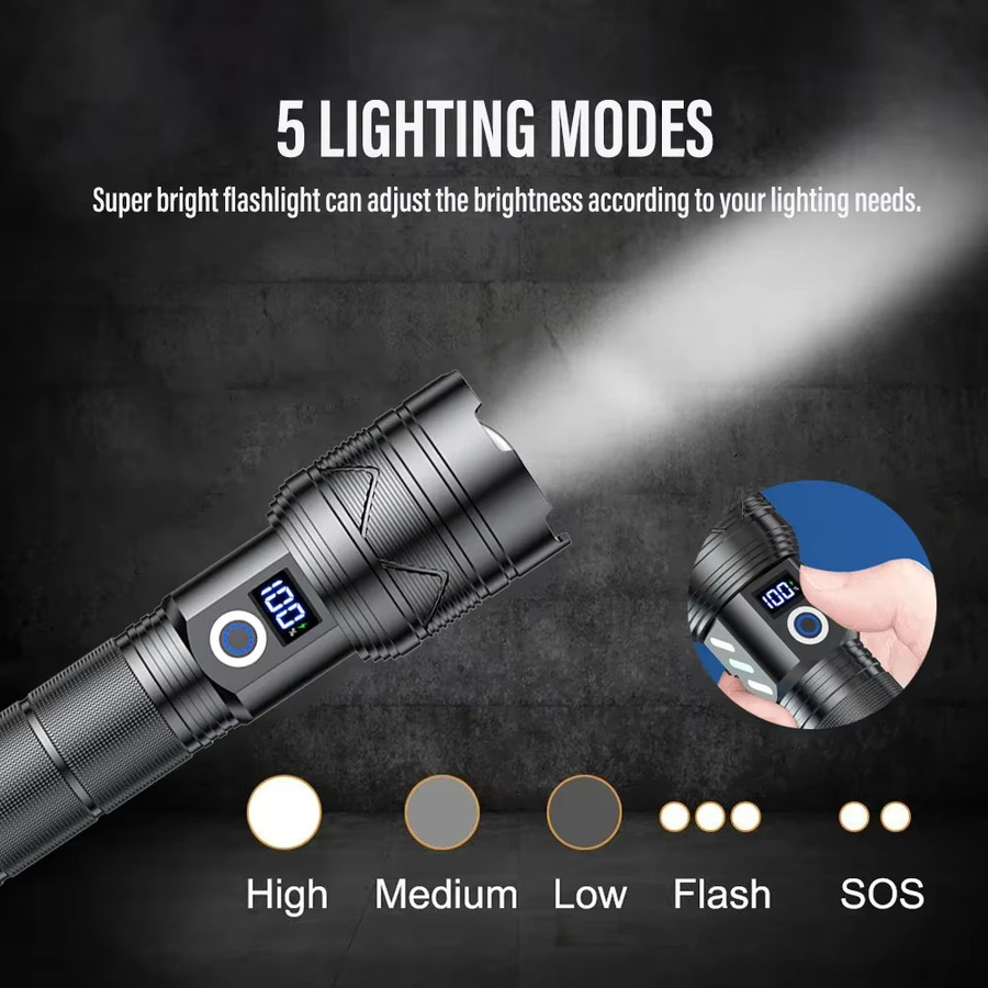 ZHIYU LED-Taschenlampe mit 10000 Lumen, USB-Aufladung, Teleskop-Zoom und Leistungsanzeige, Schwarz - Bild 3
