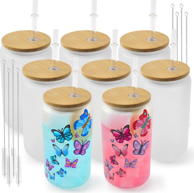 HTVRONT Sublimations-Trinkbecher Set mit Bambusdeckel und Strohhalmen, transparente Blanko-Tumbler für Bier, Saft oder Limonade, Volumen: 473 ml (16oz) - Bild 1