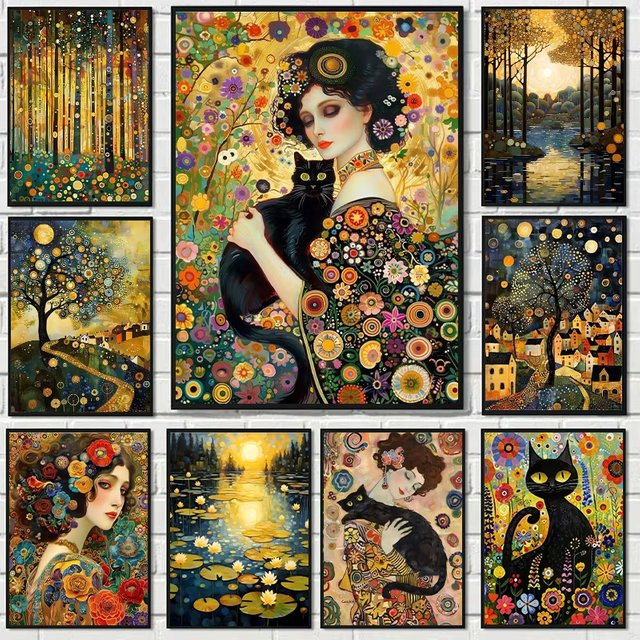 YUTTEE Diamantgemälde Gustav Klimt Berühmte Frau und Katze in Gold und Multicolour, Vintage Wandkunst mit Mond, Sternen und Naturmotiven, B/H: 30,0 x 20,0 cm - Bild 1