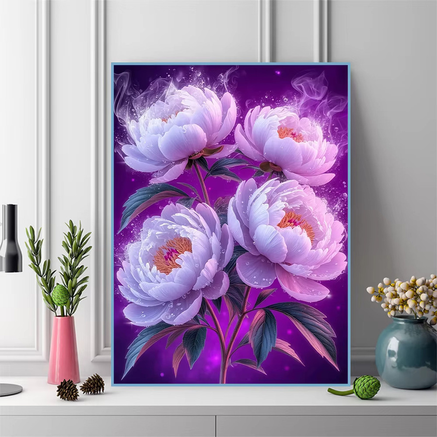 Momoart Diamant-Gemälde Pfingstrose als DIY-Kreuzstich-Set mit floralem Mosaik-Design, rund, Durchmesser: 30 cm - Bild 3