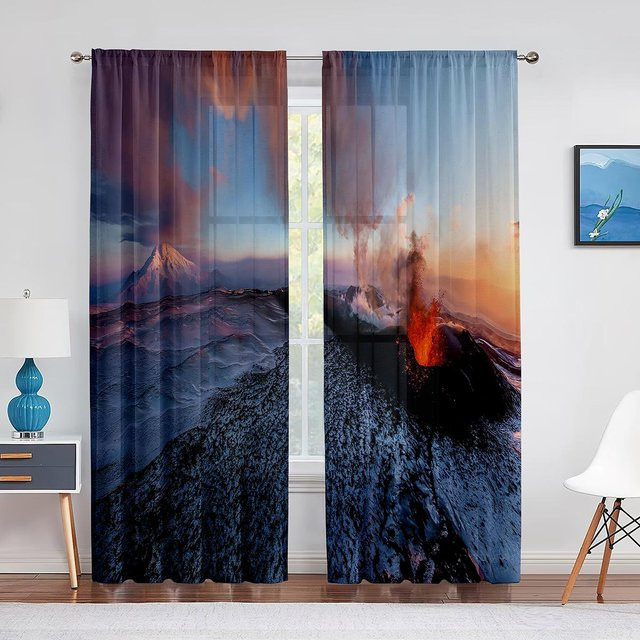 Transparente Voile-Gardine mit Vulkanausbruch-Naturmotiv, Chiffon Tüll Fenstergardine für dein Wohnzimmer, B: 100 cm, H: 250 cm - Bild 1