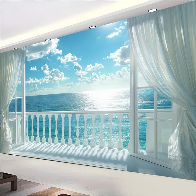 Wandteppich mit Meerblick und Balkonfenster-Motiv in Blau von JMG Household Supplies, Breite: 70 cm, Höhe: 100 cm - Bild 1