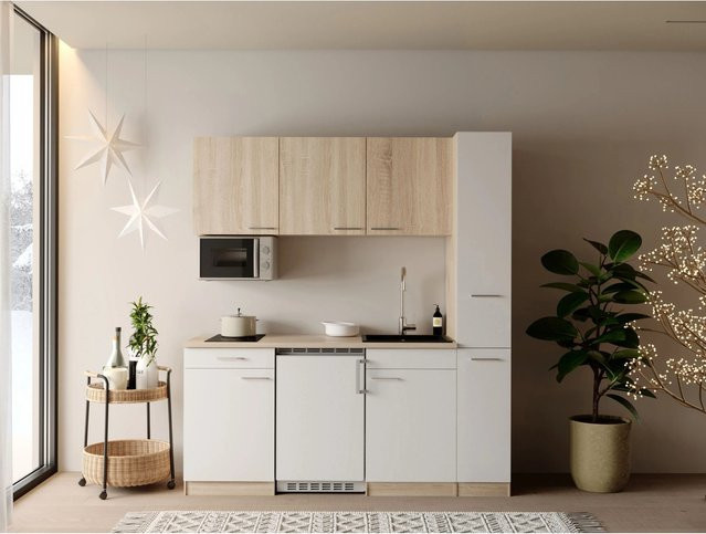 Respekta Ingrid Singleküche Weiß mit Mikrowelle und Apothekenschrank, B/T/H: 180 x 60 x 200 cm - Bild 1