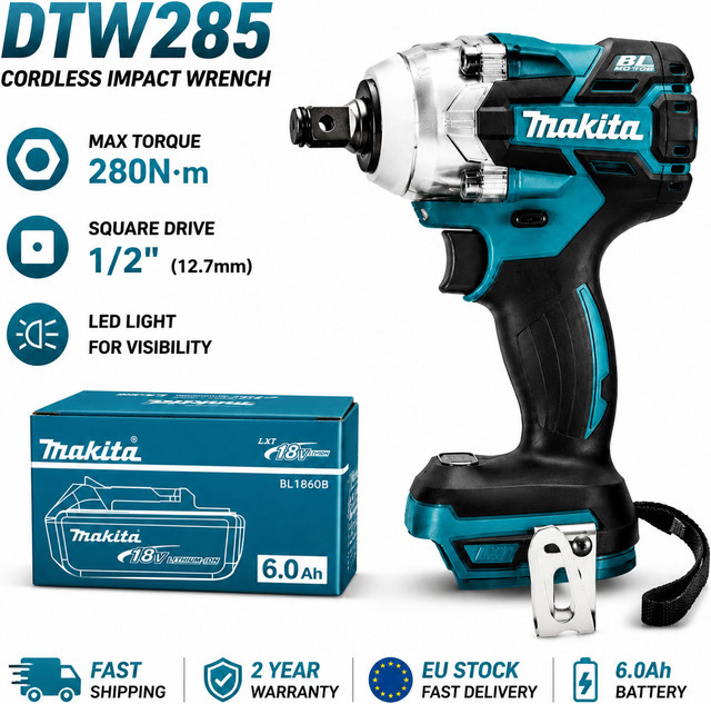 Bürstenloser Schlagschrauber Set kompatibel mit Makita LXT Akku mit 320N·m Drehmoment und 1/2 Zoll Aufnahme, inklusive 6,0Ah Akkus - Bild 1