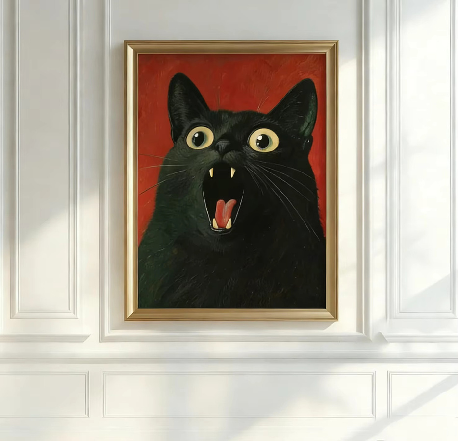 Moderne Wandkunst von SHENCHEN: Expressives Porträt einer schwarzen Katze auf rotem Hintergrund als Leinwanddruck - Bild 3