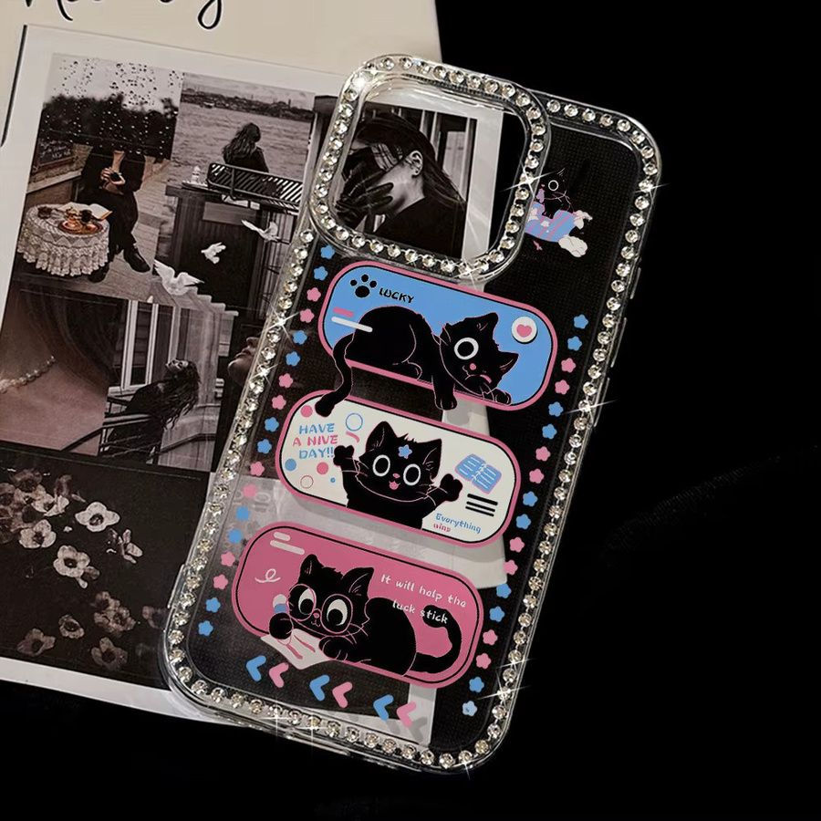 Bling Diamond Handyhülle für iPhone 17 Pro Max 16 15 14 13 12 11 Air mit schwarzer Katze, stoßfeste Silikonhülle, Schwarz/Transparent - Bild 5