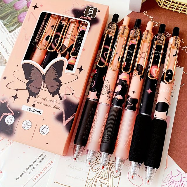 6er Set Einziehbare Gelstifte mit Schmetterling und Rosen-Blumen-Design, 0,5 mm feine Spitze, Schwarze Tinte, Mehrfarbig - Bild 1