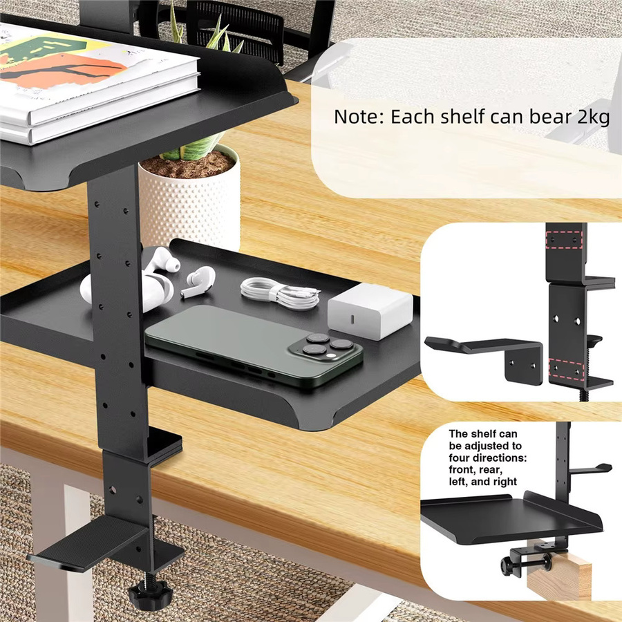 HGTUGO 3-lagiges Schreibtisch-Aufbewahrungsregal aus Metall in Schwarz zum Anklemmen mit verstellbarem Seitenregal und rutschfester Ablage - Bild 7