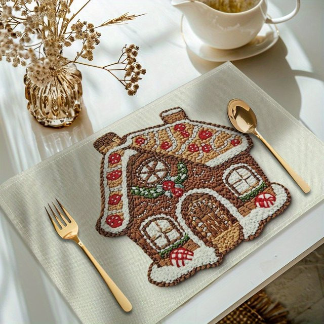 VIKAMA 4-teiliges Tischset in Lebkuchenhausform mit Weihnachtsmotiv, mehrfarbig, PVC - Bild 1
