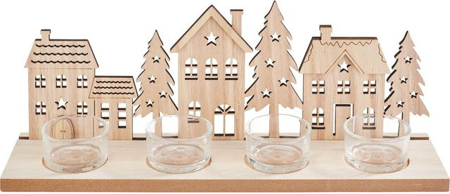 VBS Teelichthalter Häuser und Tannen in Beige aus Holz und Glas - Bild 1
