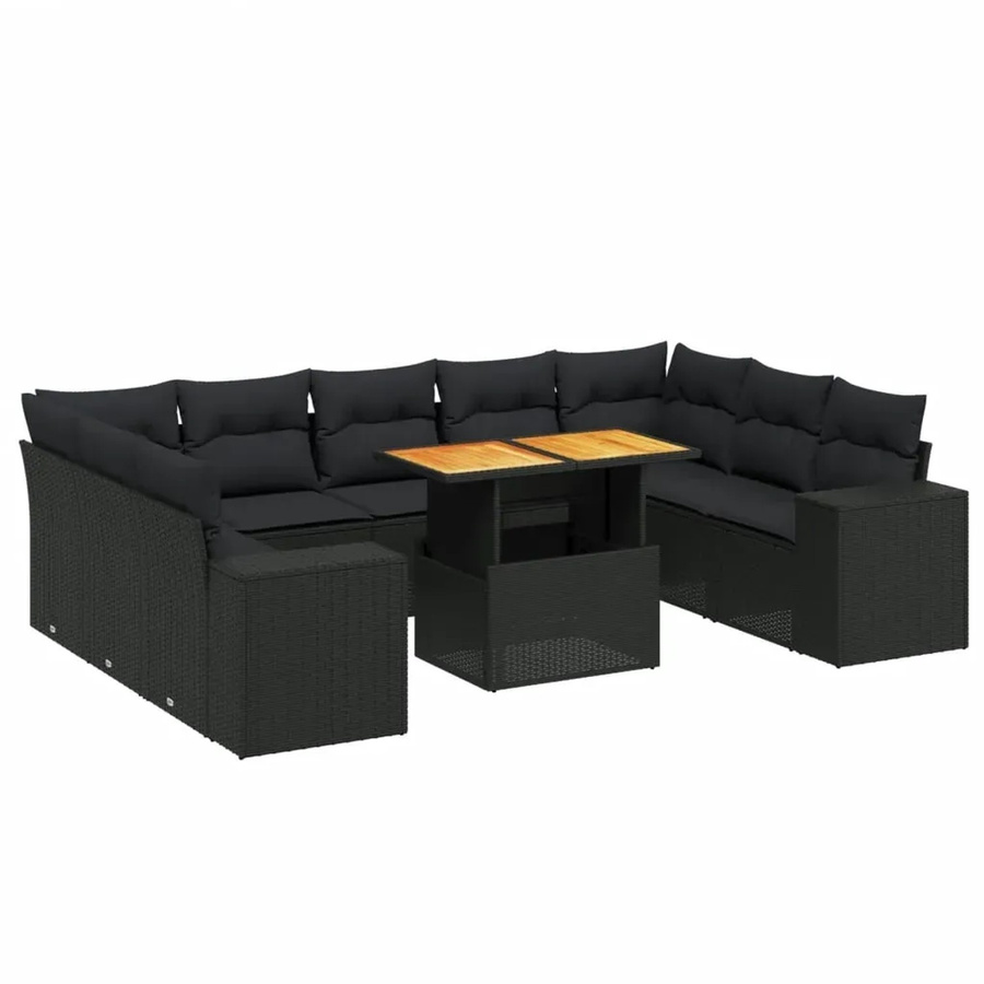 vidaXL 10-tlg. Garten-Sofagarnitur in L-Form aus Poly-Rattan und Akazienholz mit Kissen, Schwarz - Bild 2