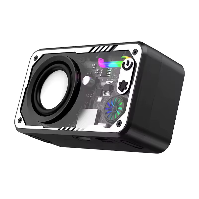 BINNUNE Mecha V1 Kabelloser Bluetooth 5.3 Lautsprecher in Pink mit Licht-Rhythmus-Subwoofer und Stereo-Sound für Outdoor-Einsätze sowie TF-Karten-Unterstützung, Transparent - Bild 6
