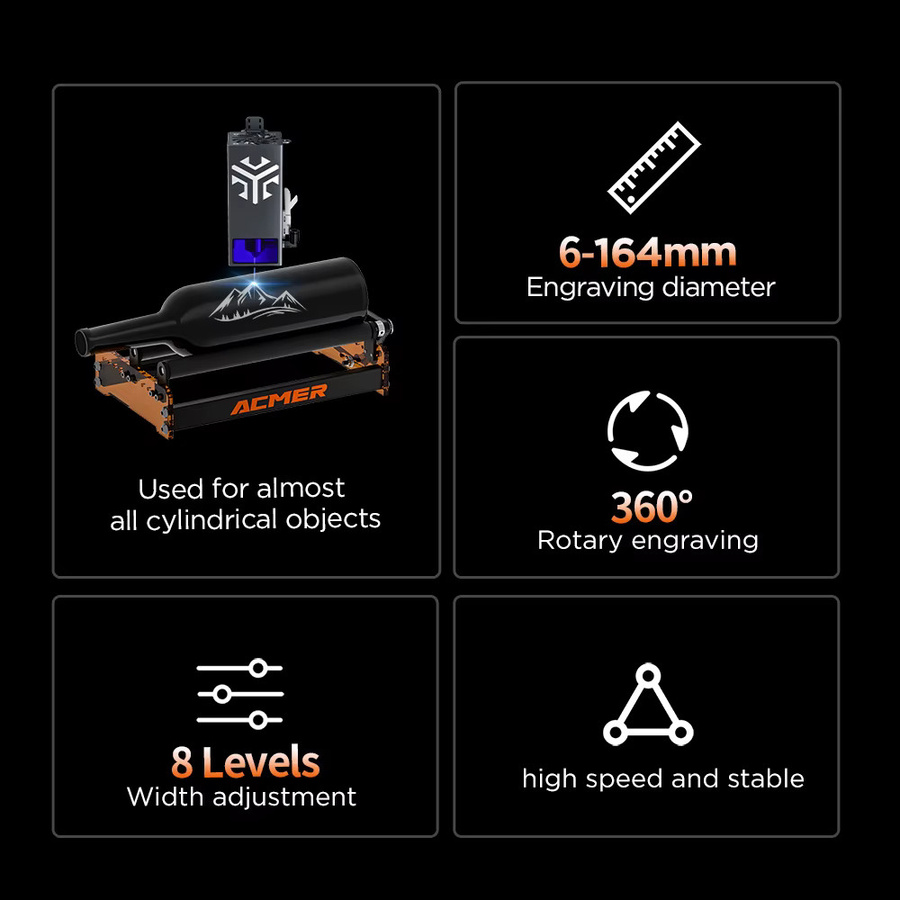 ACMER M3 Laser-Rotationsroller Y-Achsen-Rotationsroller für 360° Lasergravuren in Schwarz, kompatibel mit LightBurn und Laser GRBL - Bild 2