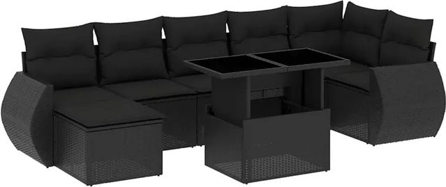 vidaXL 8-teilige Garten-Sofagarnitur in L-Form aus schwarzem Poly-Rattan mit Kissen und pulverbeschichtetem Stahlgestell - Bild 1