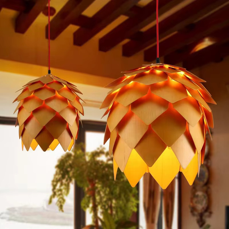 JUDU Moderne Nordic LED Pendelleuchte aus Holz in Tannenzapfen-Design, Braun, Warmweiß - Bild 4