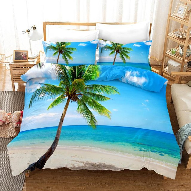 Monika Chen Bettbezug Set Strand Motiv mit Palmen und Meer, 3-teilig, Polyester, Mehrfarbig Blau, B/H: 200 x 230 cm - Bild 1