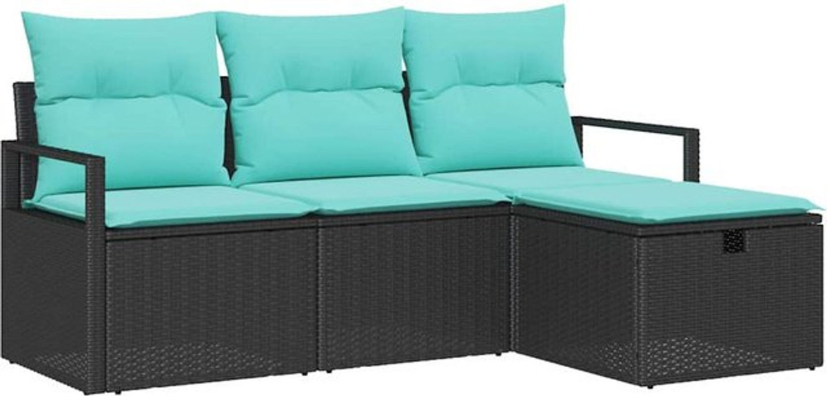 vidaXL Loungemöbel Sofa Set aus Polyrattan und Stahl mit 4 Kissen in Schwarz und Blau - Bild 1